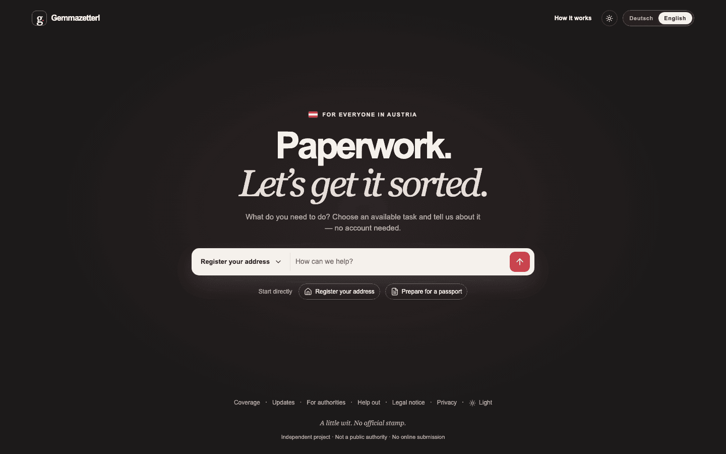 Home page: choose a task and optionally add a question.
